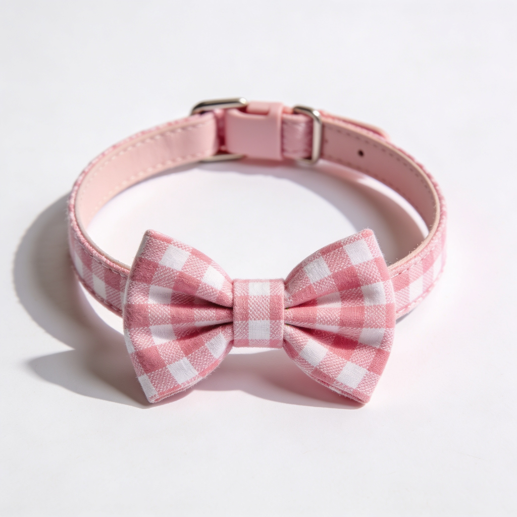 Velkor Girl Dog Collar for Puppy Small Dogs - Cute Pink Plaid & Bow Print Spring/Summer Puppy Collar, Soft Adjustable Holiday Female Dog Collars with Quick Release Buckle XS