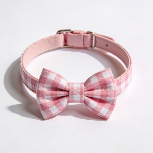 Velkor Girl Dog Collar for Puppy Small Dogs - Cute Pink Plaid & Bow Print Spring/Summer Puppy Collar, Soft Adjustable Holiday Female Dog Collars with Quick Release Buckle XS