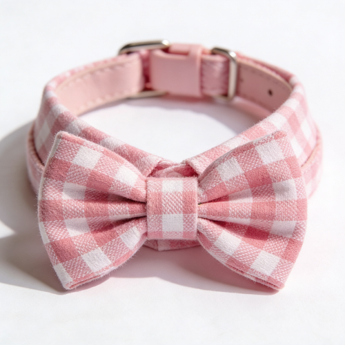 Velkor Girl Dog Collar for Puppy Small Dogs - Cute Pink Plaid & Bow Print Spring/Summer Puppy Collar, Soft Adjustable Holiday Female Dog Collars with Quick Release Buckle XS