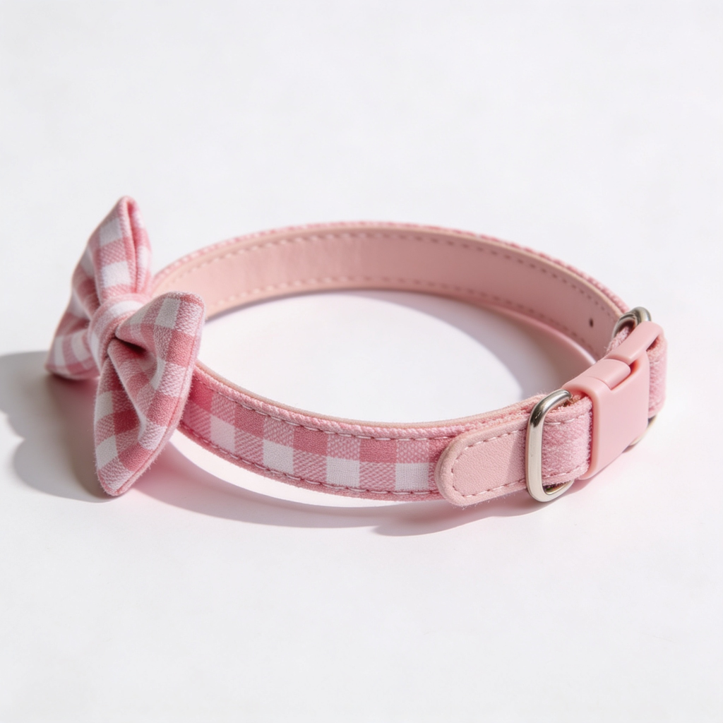 Velkor Girl Dog Collar for Puppy Small Dogs - Cute Pink Plaid & Bow Print Spring/Summer Puppy Collar, Soft Adjustable Holiday Female Dog Collars with Quick Release Buckle XS